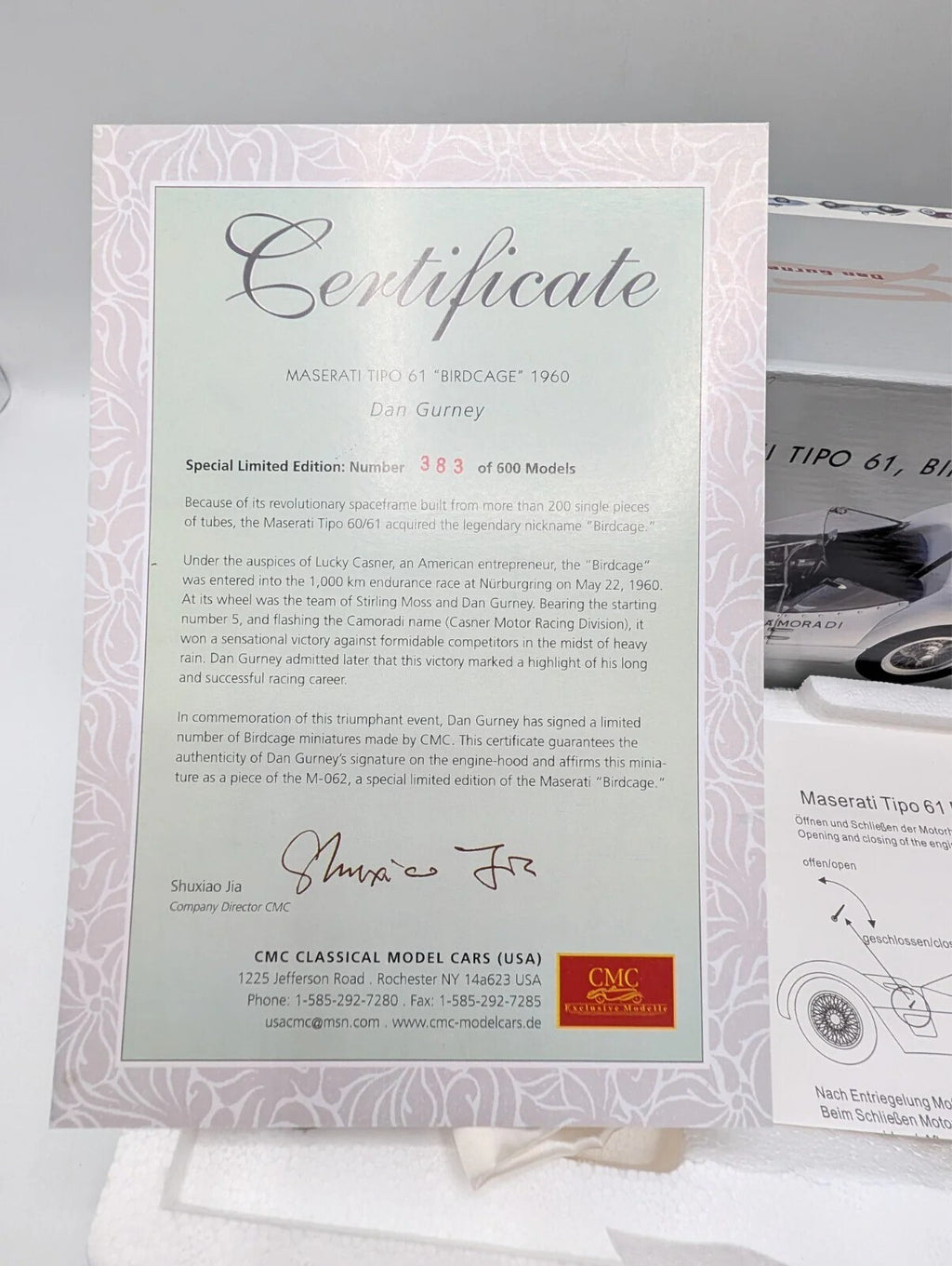 CMC 1:18 Maserati Tipo 61 Birdcage 1960 Dan Gurney Signed Ltd Ed 600 M-062 Boxed