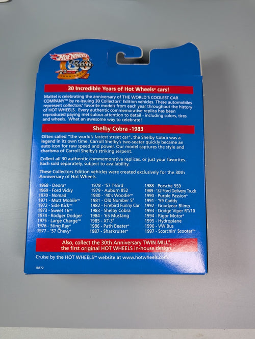 Hot Wheels 30th Anniversary 1983 Shelby Cobra Real Riders Commemorative Replica