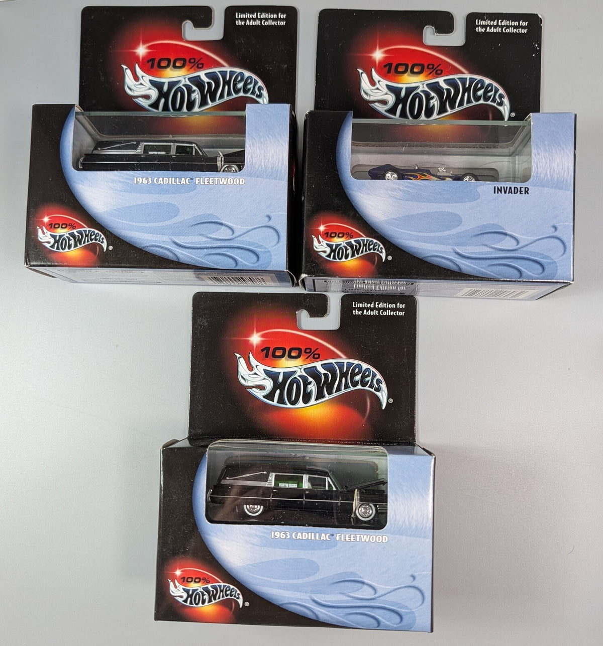 100% Hot Wheels Lot of 3 1963 Cadillac Fleetwood Hearse x2 Invader Boxed
